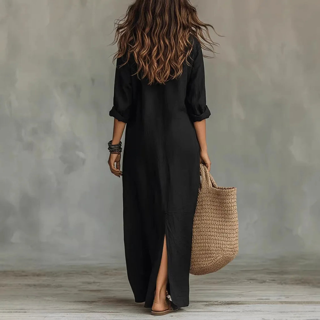 Agnes – Leinen Langarm Hemd-Kleid – Detailaufnahme