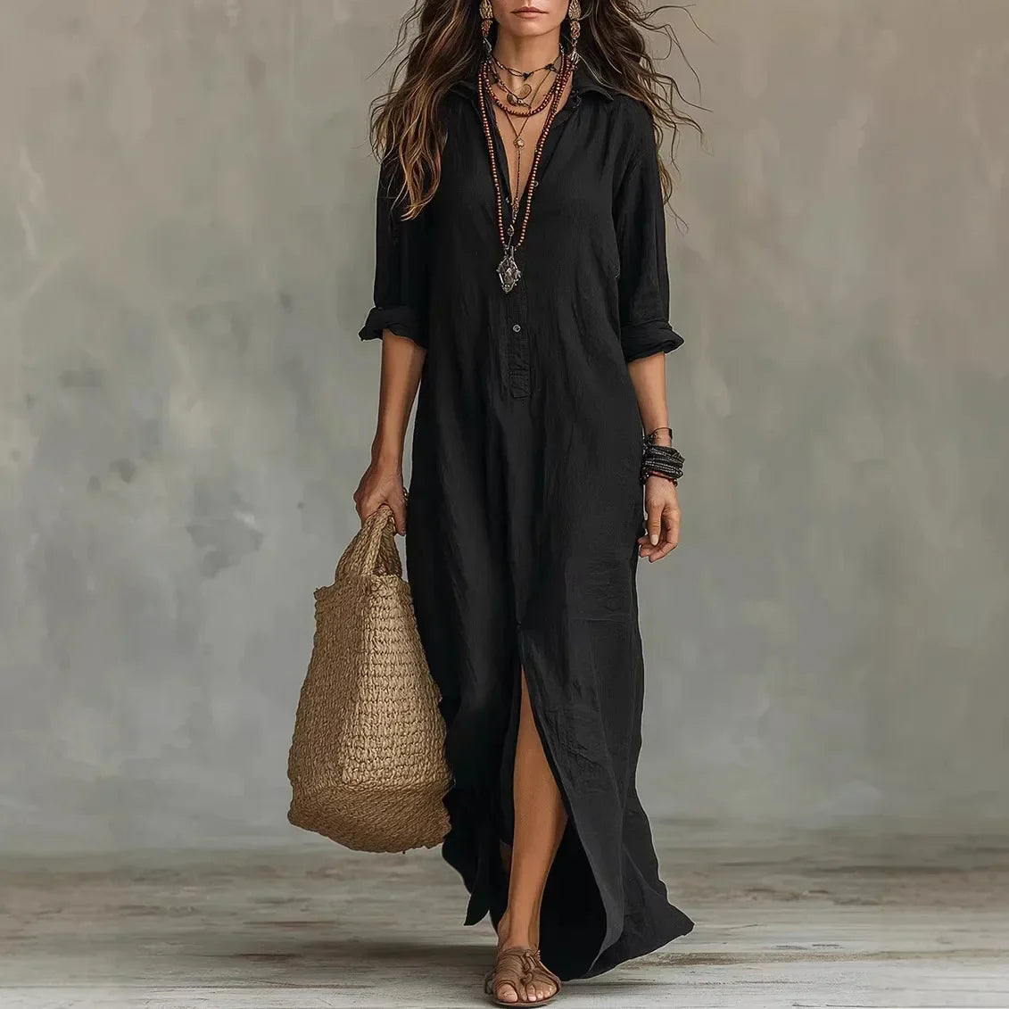 Agnes – Leinen Langarm Hemd-Kleid – Rückansicht