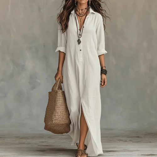 Agnes – Leinen Langarm Hemd-Kleid – Vorderansicht