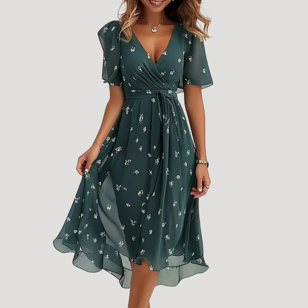 Wickel-Midikleid – V-Ausschnitt mit Bauchkontrolle – Detailaufnahme