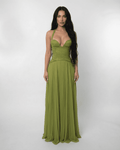 Verdant – Satin Plissiertes Spitzen-Maxikleid – Vorderansicht
